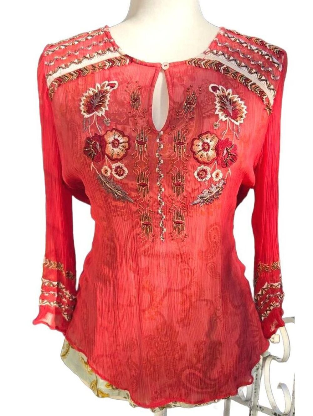 Red Beaded Embroidered Cupro Blouse Top Paisley Lining Boho Artsy Y2K Grail PM